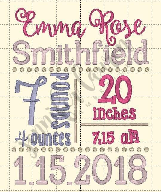 Embroidered birth stats announcement