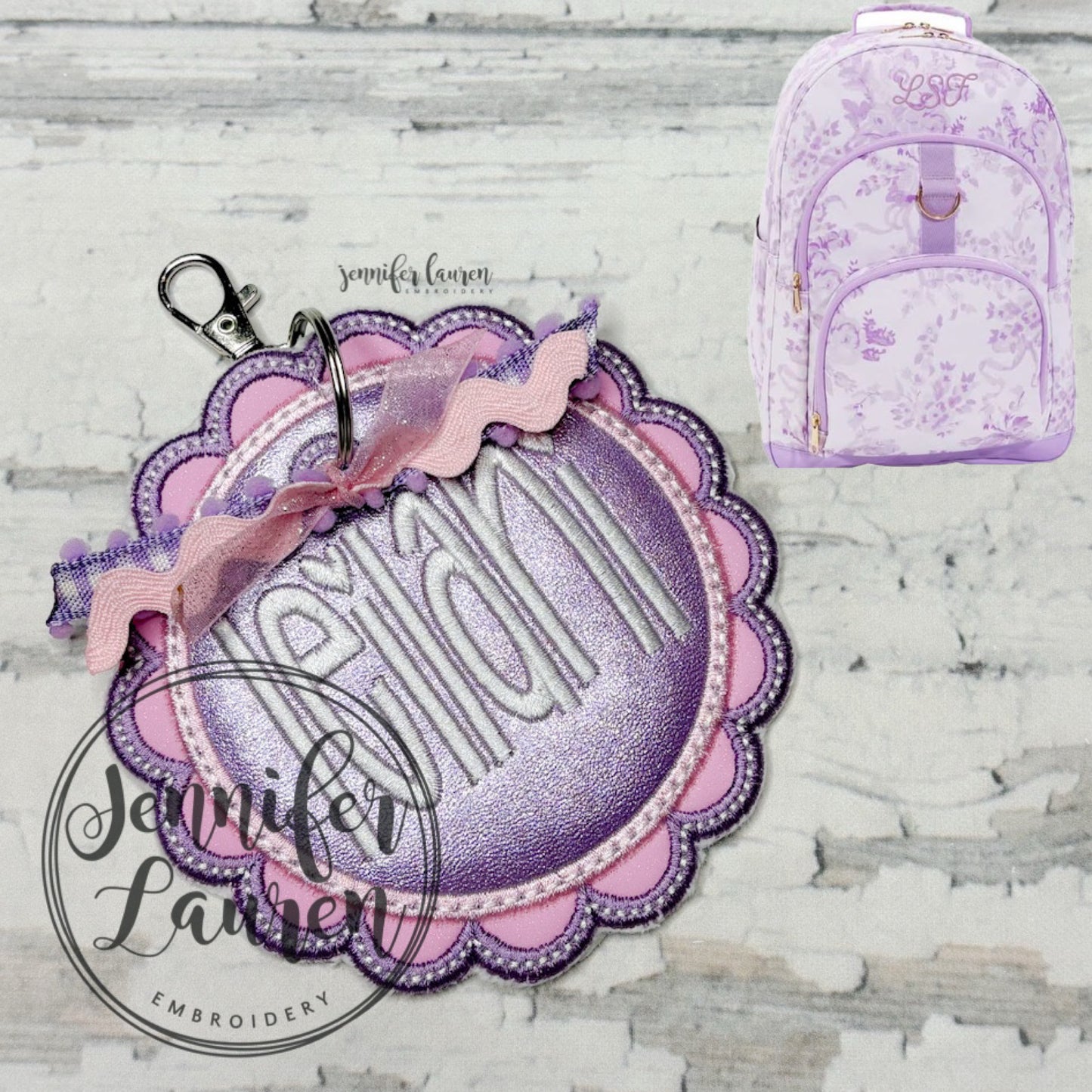 Scallop circle fabric name tag - satin border M2M Makena Lane