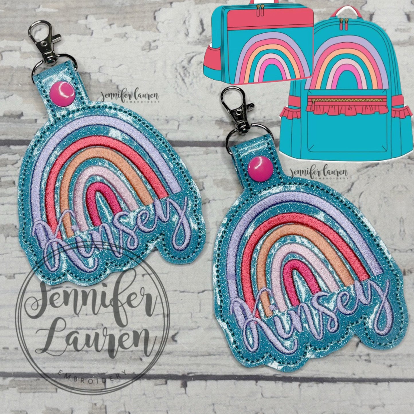 Rainbow name tag M2M Girl August teal bookbag