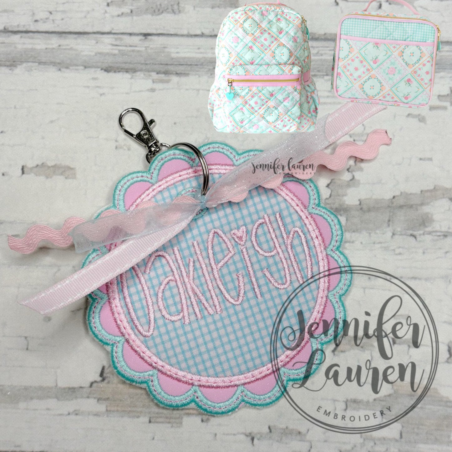 Scallop circle fabric name tag - satin border M2M L&G Petal Patchwork