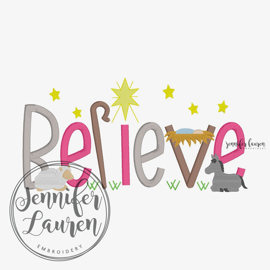 Believe nativity embroidered shirt