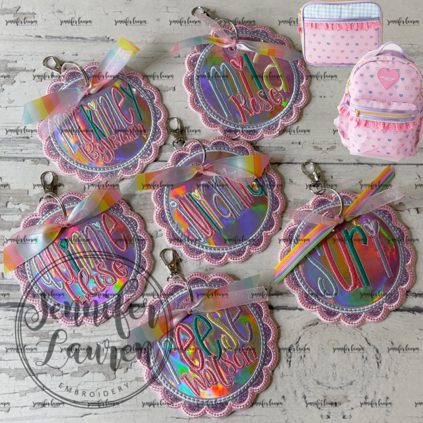 Scallop circle fabric name tag - satin border M2M L&G Pink candyland hearts
