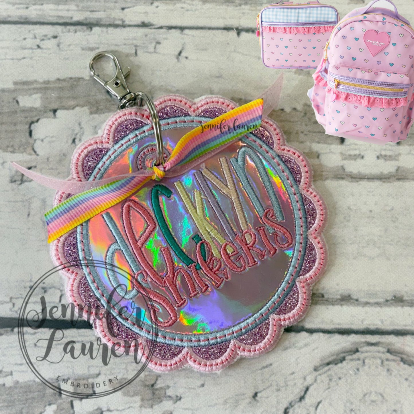 Scallop circle fabric name tag - satin border M2M L&G Pink candyland hearts