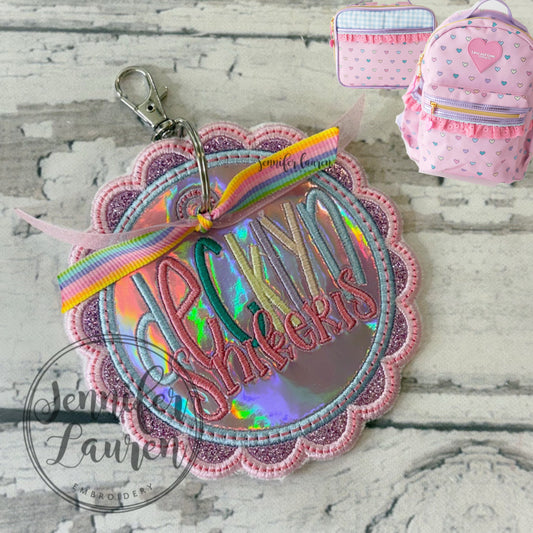 Scallop circle fabric name tag - satin border M2M L&G Pink candyland hearts