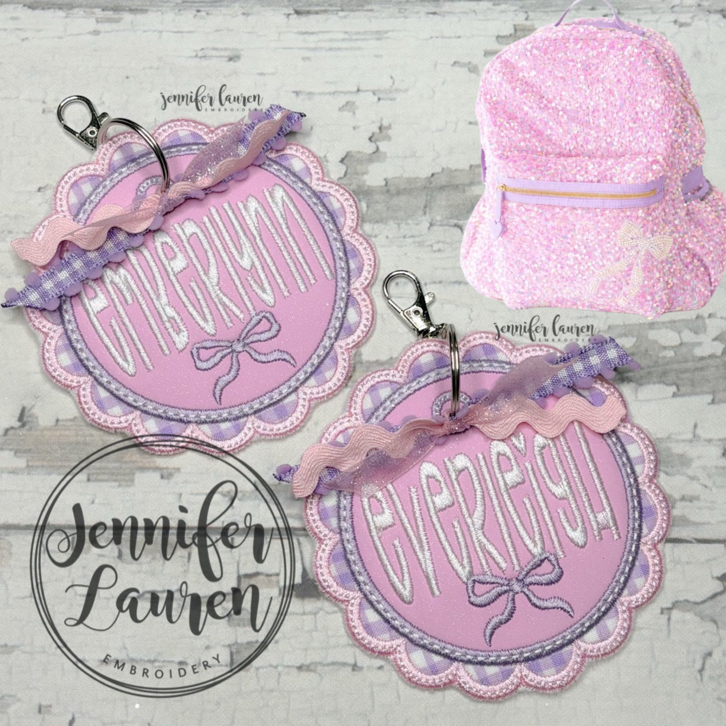 Scallop circle fabric name tag - satin border M2M L&G sequin bow