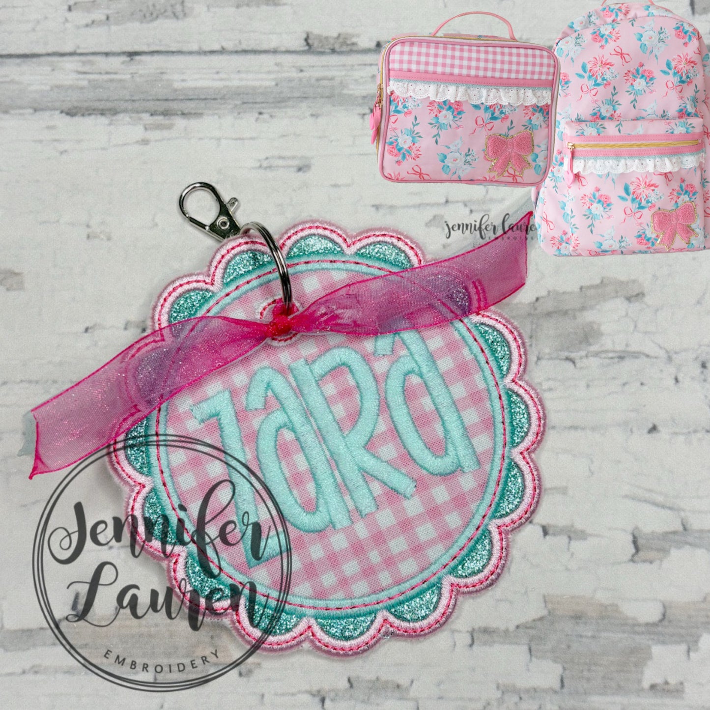Scallop circle fabric name tag - satin border M2M L&G Pretty in Pink floral