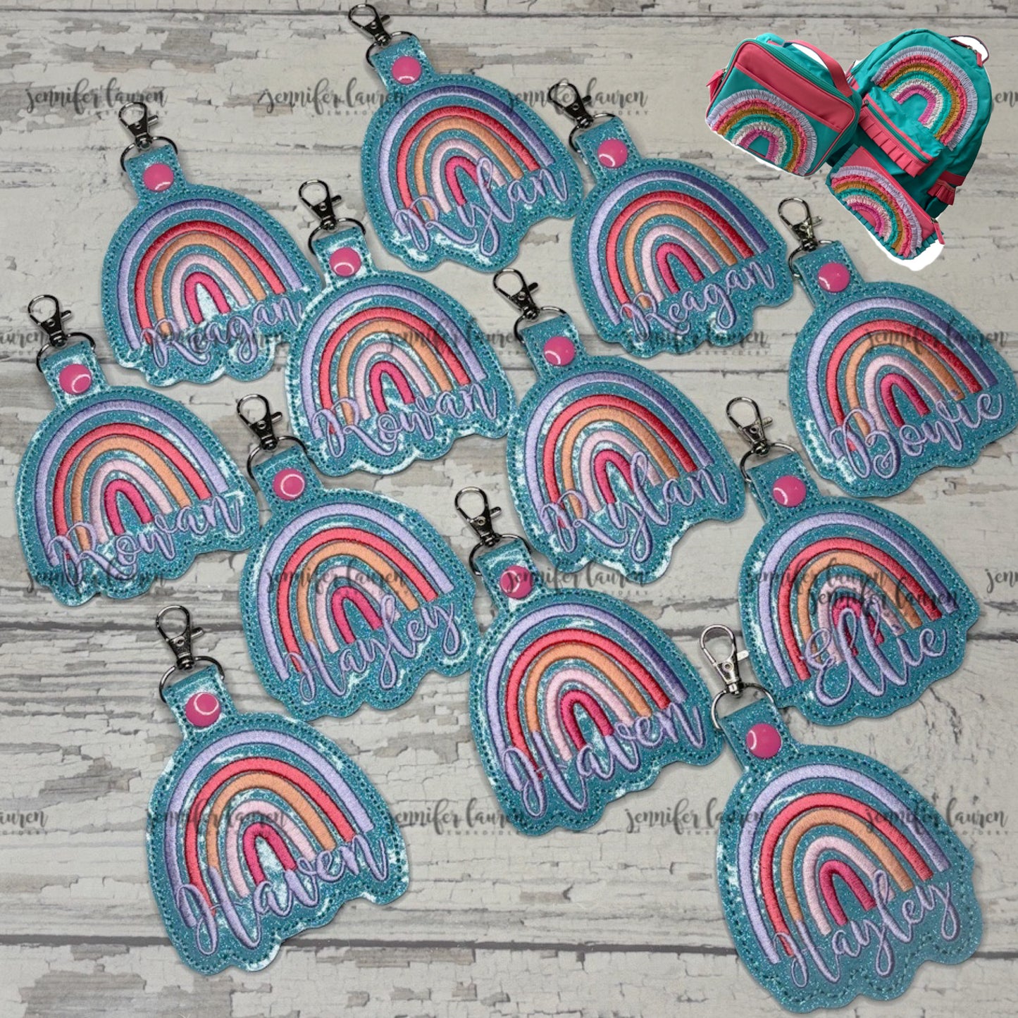 Rainbow name tag M2M Girl August teal bookbag