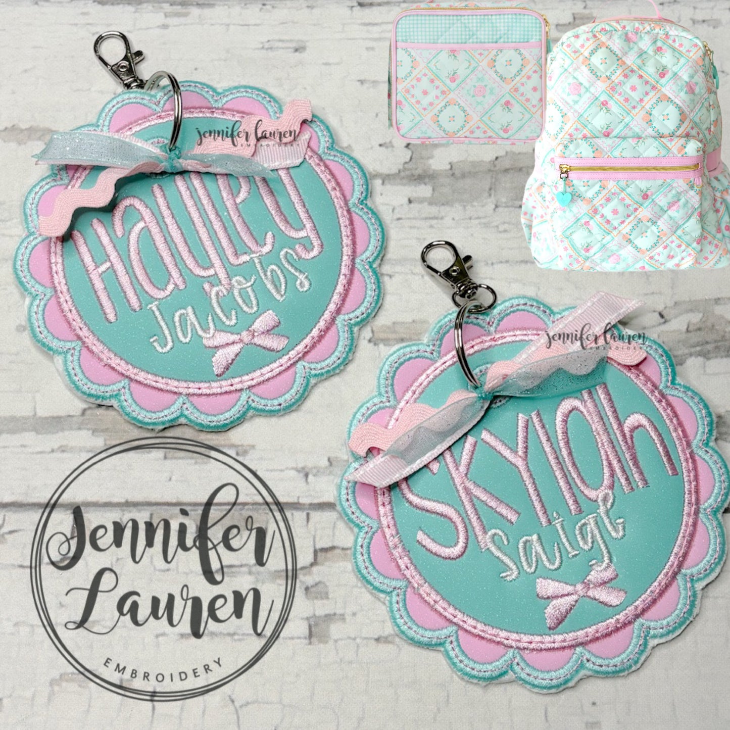 Scallop circle fabric name tag - satin border M2M L&G Petal Patchwork +mini bow