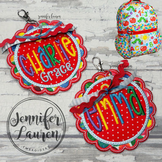 Scallop circle fabric name tag - satin border M2M Always in Bloom