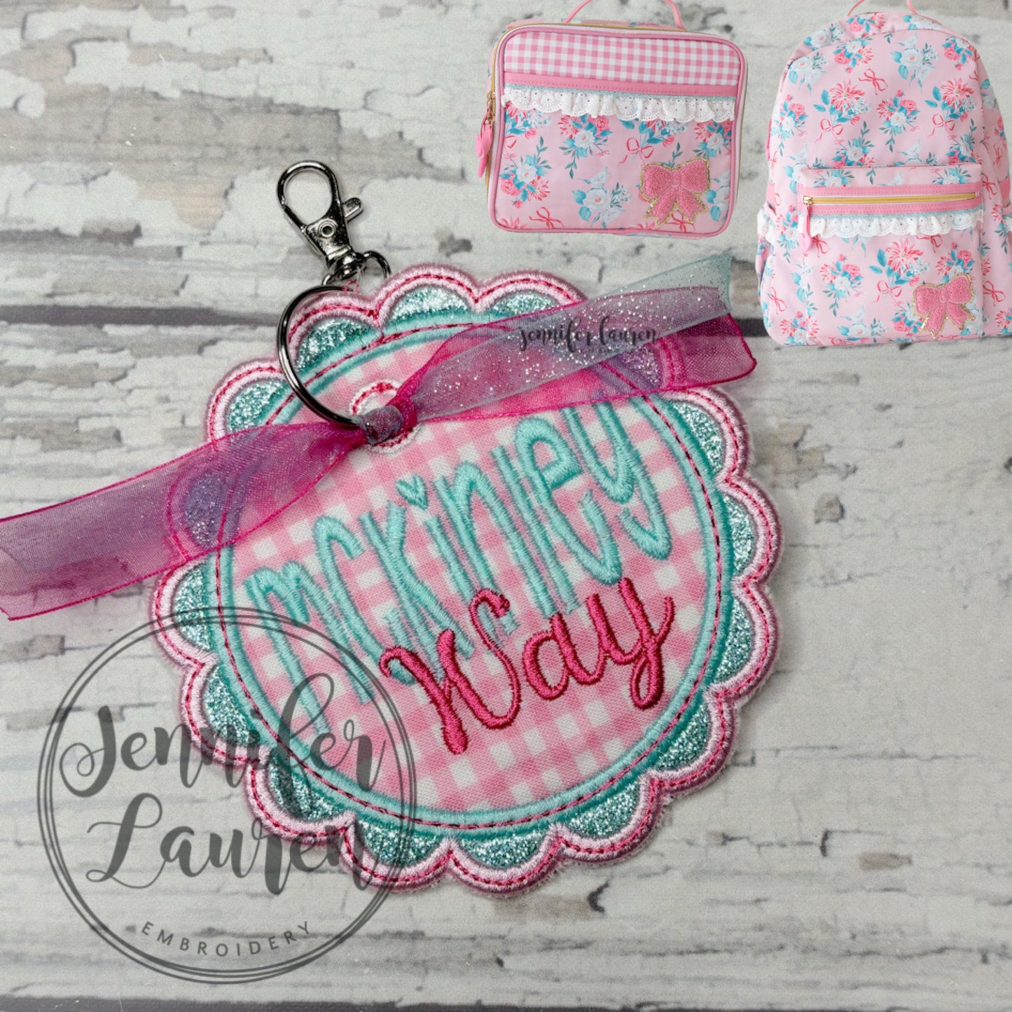 Scallop circle fabric name tag - satin border M2M L&G Pretty in Pink floral
