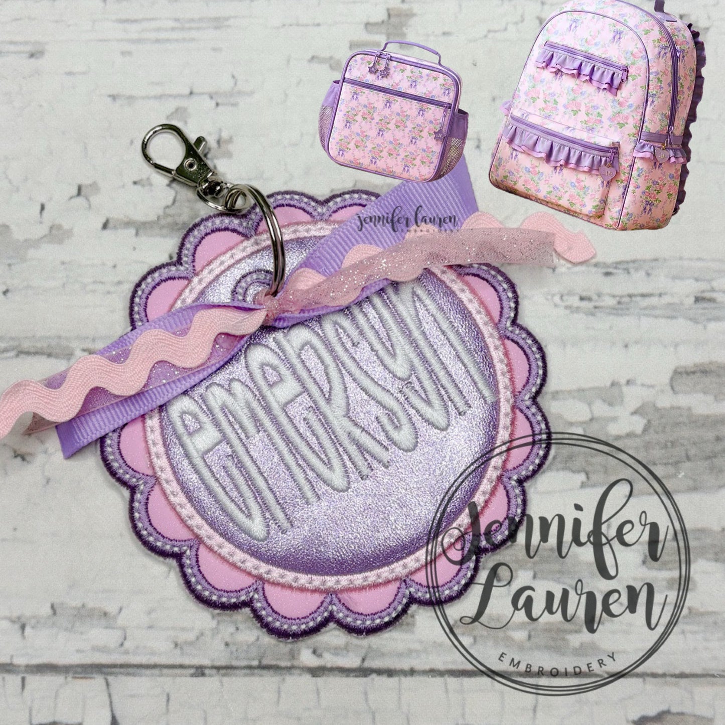 Scallop circle fabric name tag - satin border M2M Makena Lane
