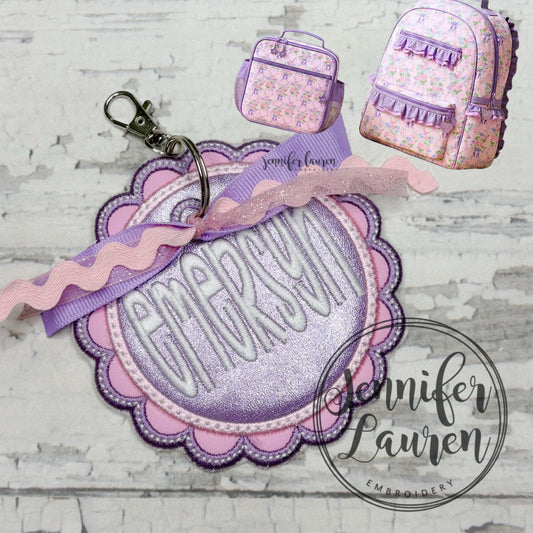 Scallop circle fabric name tag - satin border M2M Makena Lane
