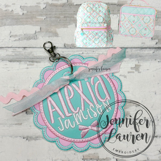 Scallop circle fabric name tag - satin border M2M L&G Petal Patchwork +mini bow