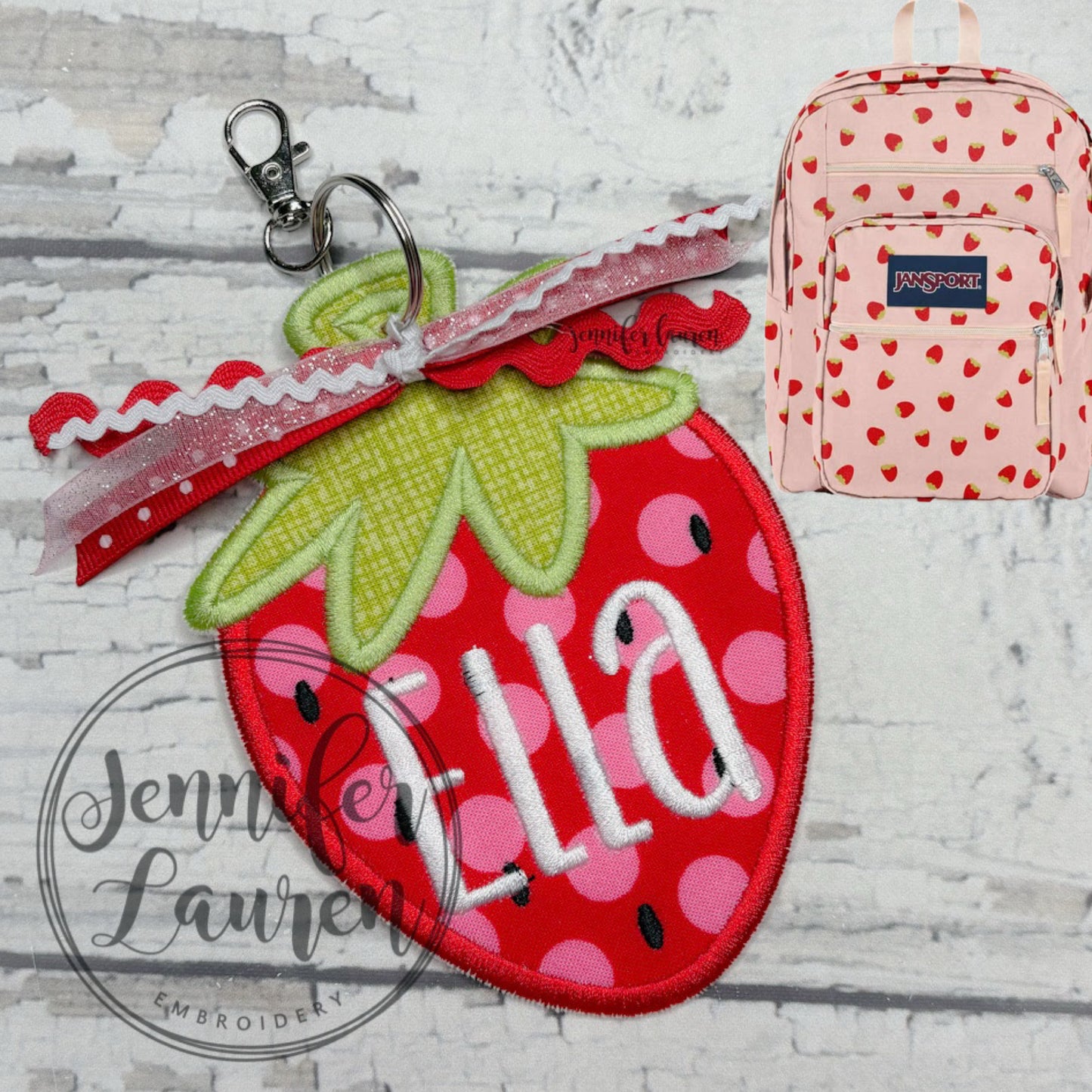 Strawberry fabric name tag - satin border