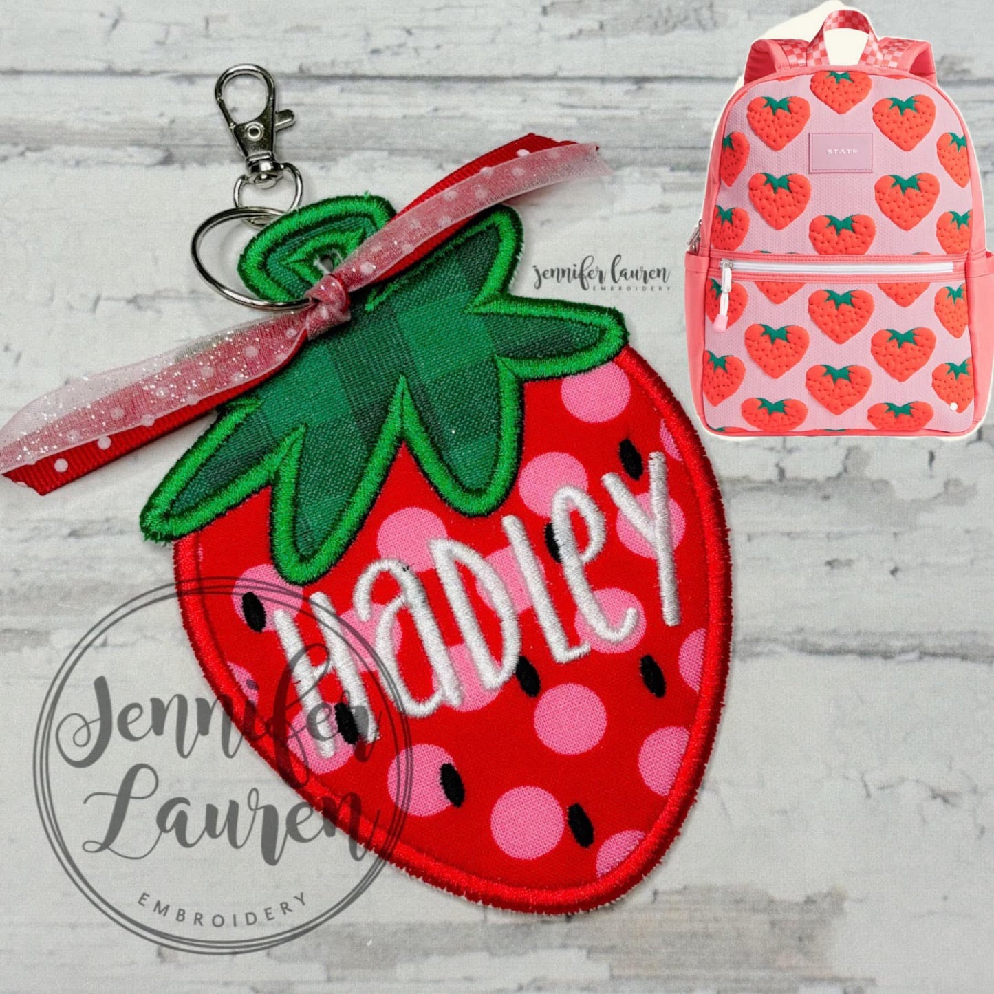 Strawberry fabric name tag - satin border