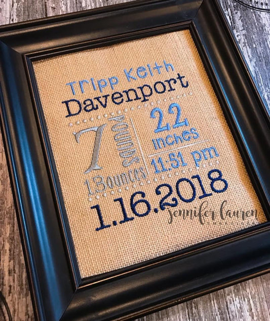 Embroidered birth stats announcement